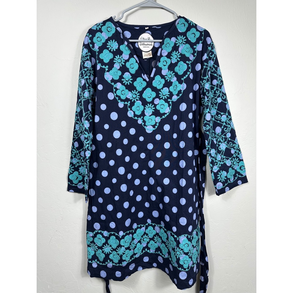 Almatrichi Madrid Spain Tunic Top Navy Blue‎ Polka Dot Floral Embroidered
